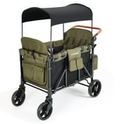 Cochildor Collapsible Wagon Stroller for 4 Kids, with Canopy, 5-Point Harness, Adjustable Handlebars, Removable Seat for Toddlers, Green