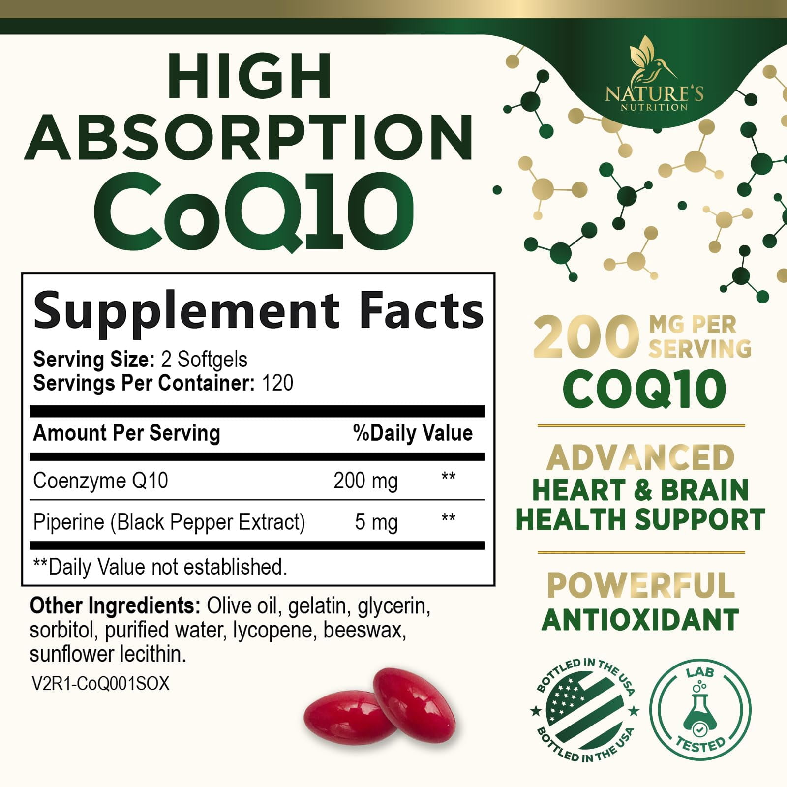 CoQ10 Softgels - Coenzyme Q10 200mg Per Serving - Extra Strength Coenzyme Q10 Supplement - Piperine for Enhanced Absorption - CoQ10 Antioxidant for Heart Health Support - Bottled in USA, 240 Softgels