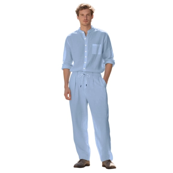 Ahabrexf Men's Casual Short Sleeve Button Down Shirt and Trousers Set for Men, Textured Woven Fabric, Elastic Waist, Matching 2 Pc Suit