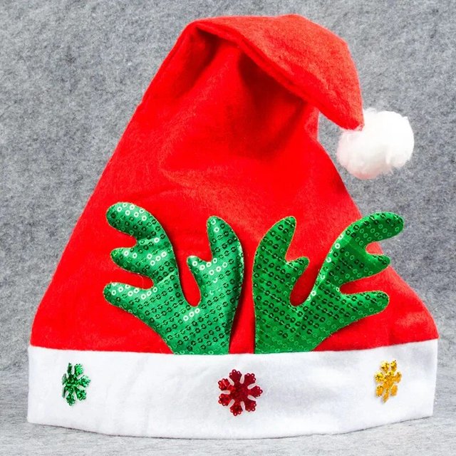 Sombreros de Navidad con lentejuelas, cuernos de ciervo, copos de nieve, terciopelo rojo, puños blancos
