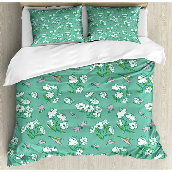 Hipster Duvet Cover Set, Spring Inspired Design Sketchy Drawing Blossoming Flying Scene Print, Decorative 3 Piece Bedding Set with 2 Pillow Shams, Queen Size, Seafoam and Pale Pink, by Ambesonne
