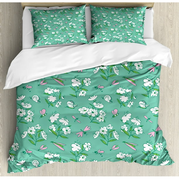 Doodle Duvet Cover Set Blossoming Plants And Flying Insects Botany Scene Decorative Bedding With Pillow Shams Seafoam Baby Pink Jade Green Apple By Ambesonne Com - Baby Pink And Green Bedding Doodle Duvet Cover Set Blossoming Plants And Flying Insects Botany Scene Decorative Bedding With Pillow Shams Seafoam Baby Pink Jade Green Apple By Ambesonne Com - Baby Pink And Green Bedding