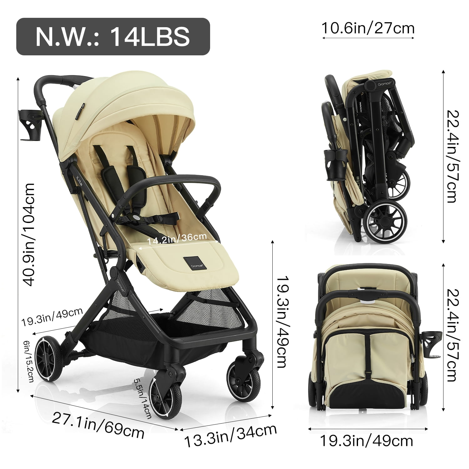 Gromast Compact Fold Baby Stroller, Lightweight Travel Toddler Stroller with One-Click Fold, Extendable UPF50+ Canopy, Cup Holder, UV Protected and Waterproof, One-Hand Folding - Beige