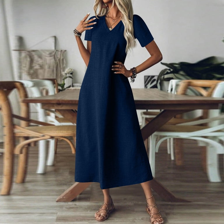 Dark Royal Blue Basic Lounge for Women Fall Summer Short Sleeve Vneck Faux  Linen Midi Dress Womens 2026 Clothes Country Concert XL - Walmart.com