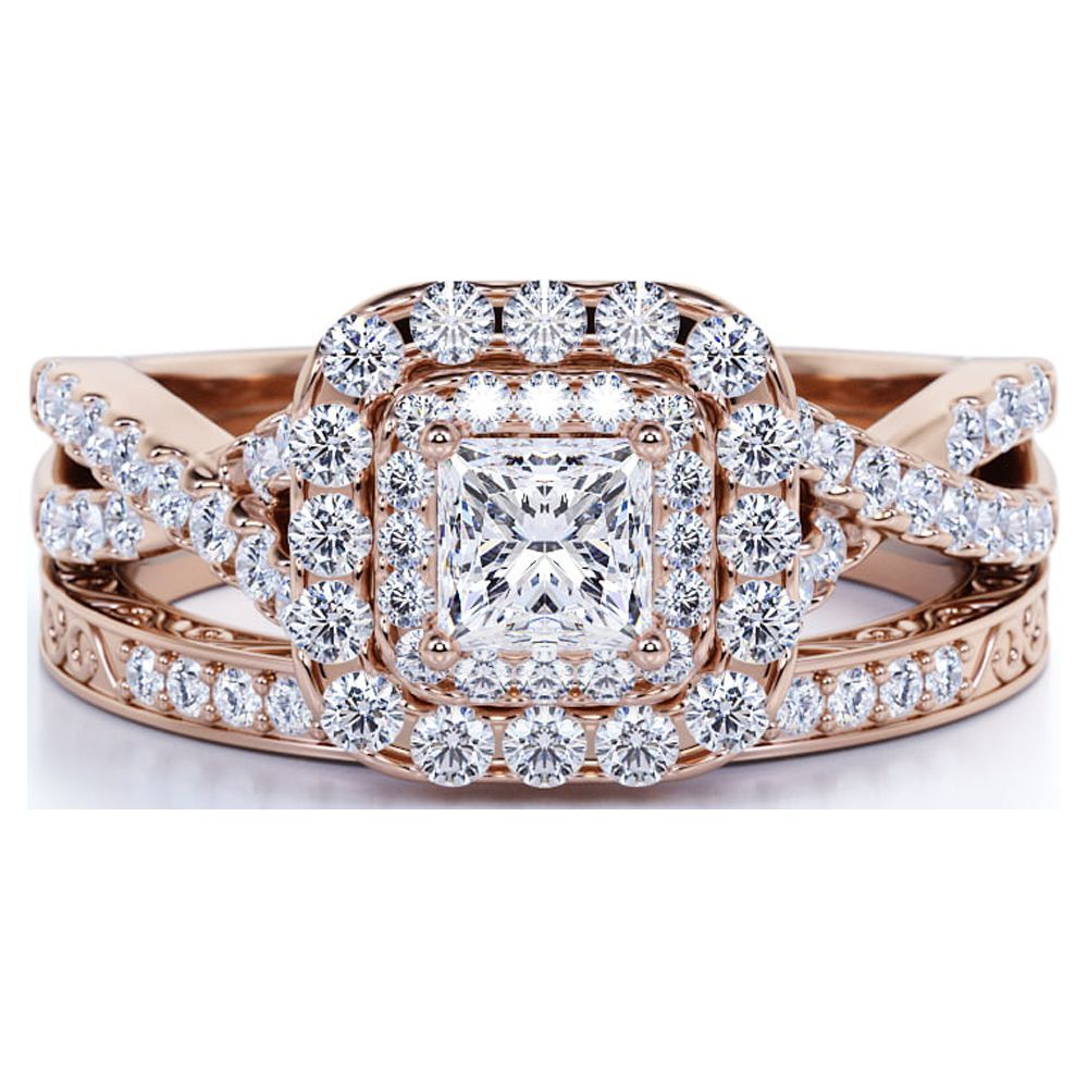 1.25 ct - Square Moissanite - Double Halo - Twisted Band - Vintage Inspired - Pave - Wedding Ring Set in 18K Rose Gold over Silver - image 2 of 4