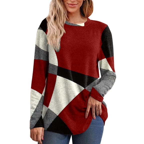 IMENGL Long Sleeve Shirts for Women Casual Patchwork Printed Round Neck Loose Soft T-Shirt Women's Basic Tee Long Sleeve Tops,Red