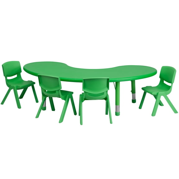 Flash Furniture 35''W x 65''L Half-Moon Green Plastic Height Adjustable Activity Table Set with 4 Chairs