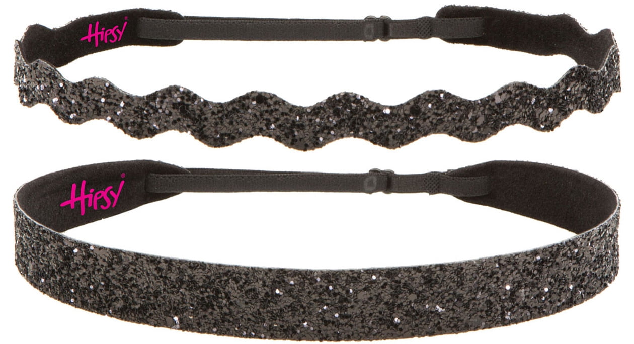 Hipsy Women's Adjustable No Slip Wide & Wave Bling Glitter Headband 2-Pack (Black)