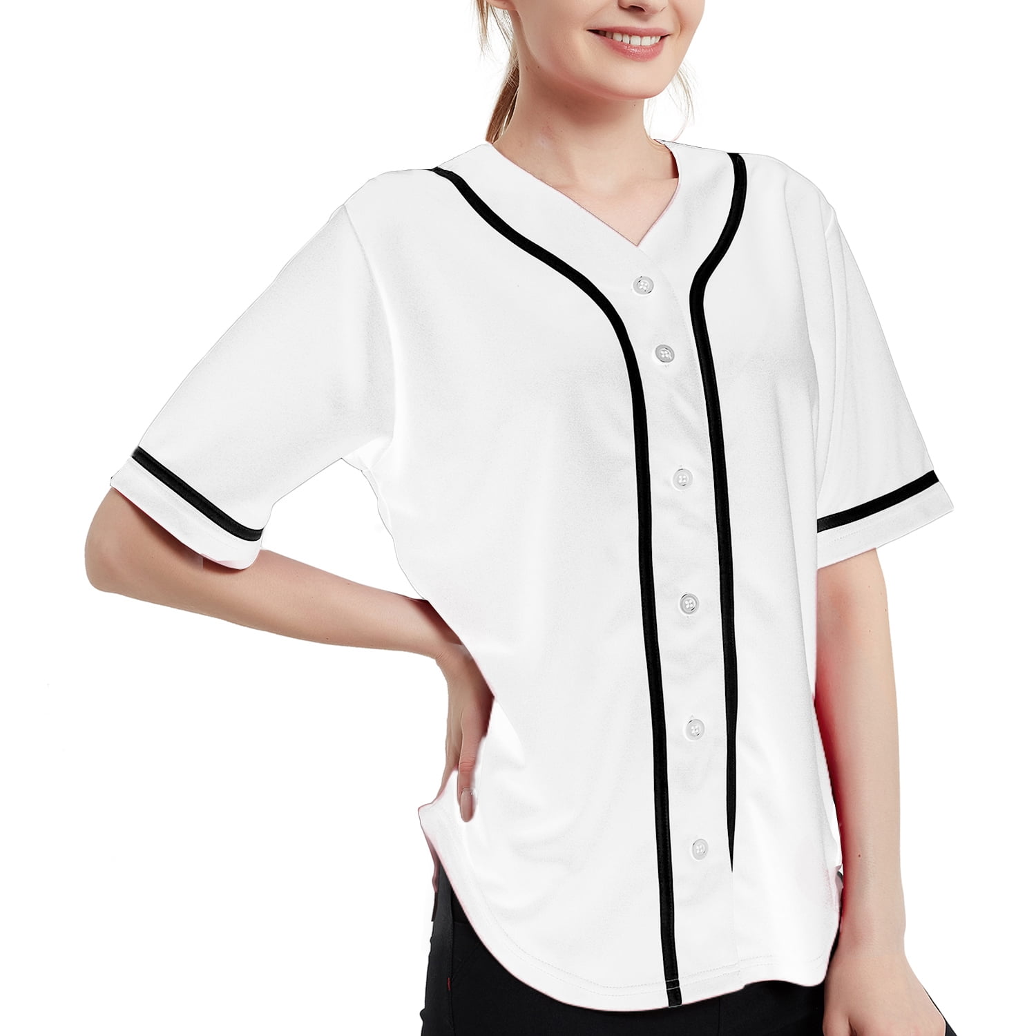 TOPTIE Women's Baseball Jersey Hip Hop Hipster Button Down Baseball T-Shirt-white black-S