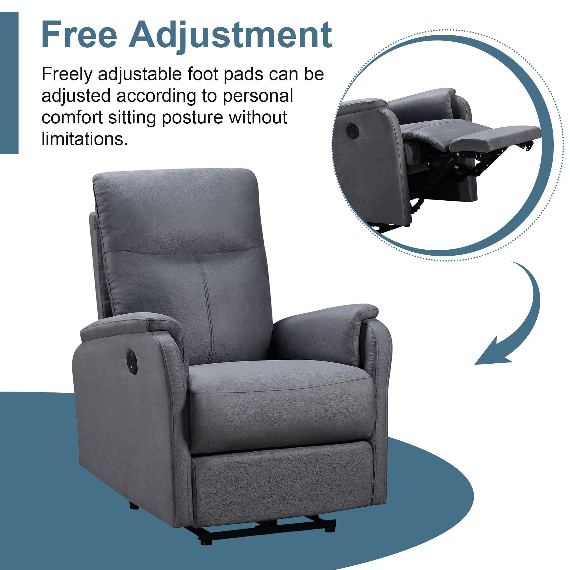 DEALTOPS Power Recliner Chair with USB Ports, Recliner Single Chair with Adjustable Footrest, Gray
