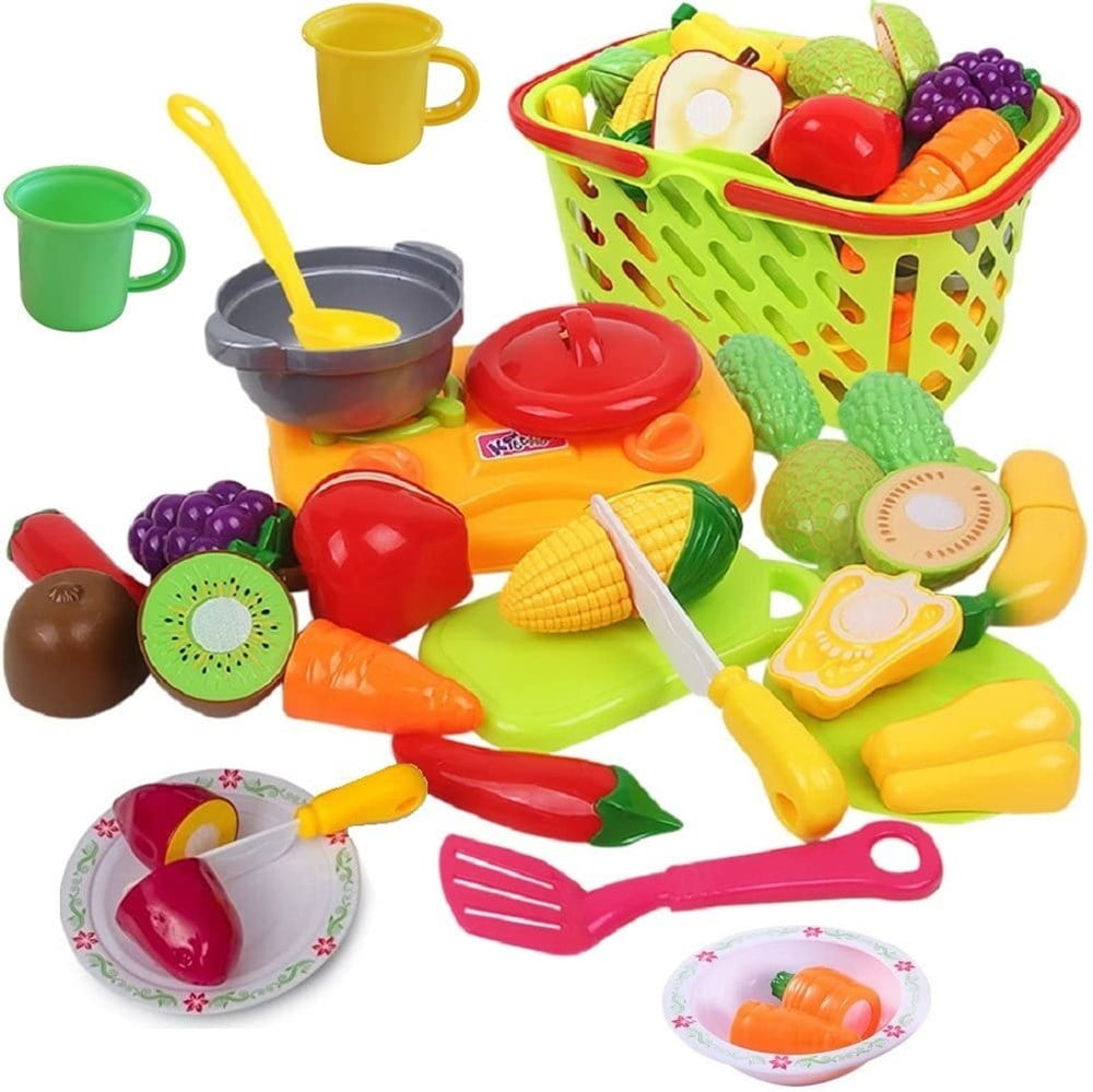 Cutting Play Vegetables and Fruits with Cooking Toys for Toddlers