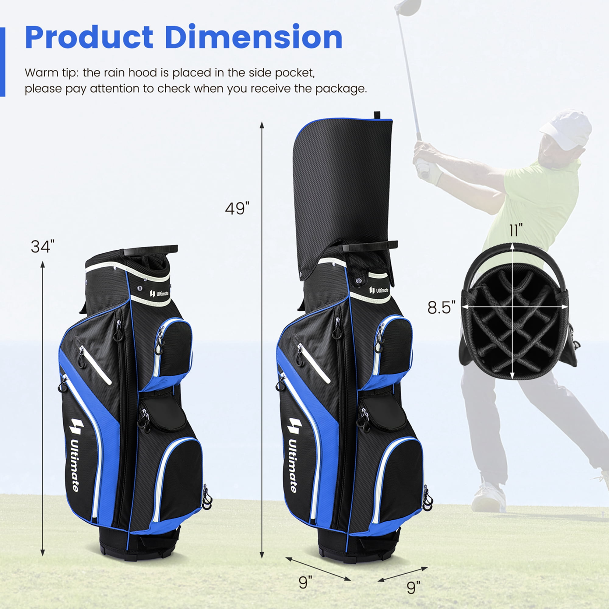 blue golf bag rain hood Costway Lightweight Golf Cart Bag with 14 Way Top Dividers 9 Pockets Rain  Hood Cooler Bag Blue