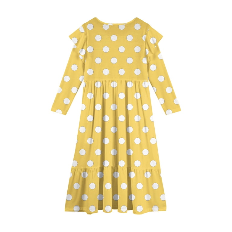 Abcomgle Girls Fall Dresses 10-12 Casual A-Line Ruffle Long Sleeve Maxi  Dress Polka Dot Sundresses Crew Neck Tiered Boho Dresses with Pockets,Yellow  - Walmart.com