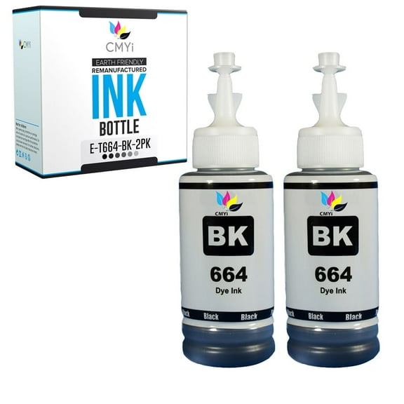 CMYi 664 Black 2-Pack Ink Bottles Compatible for Epson 664 - EcoTank L386, L455, L486, L550, L555, L565, Expression ET-2500, ET-2550, ET-2600, ET-2650, ET-3600, WorkForce ET-16500, ET-4500 (2 Black)