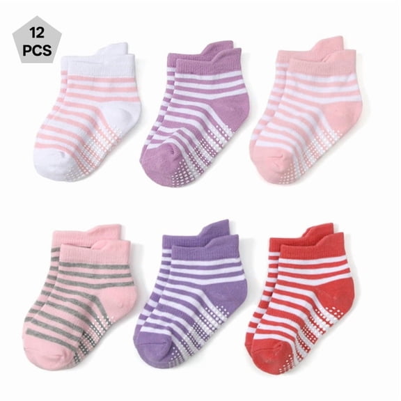 TELOLY 6 Pairs Unisex Toddler Baby Non-Slip Ankle Socks Boys Girls Cotton Anti-Skid Grips Socks Kids Sticky Slipper Crew Socks for 0-7 Years