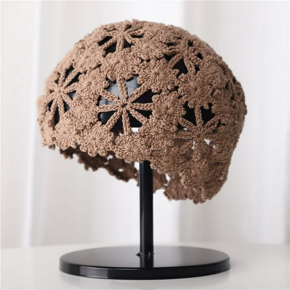 ERDOUY Soft Crochet Beanie Women Solid Color Knitted Hollow Beanie Hat (Khaki)