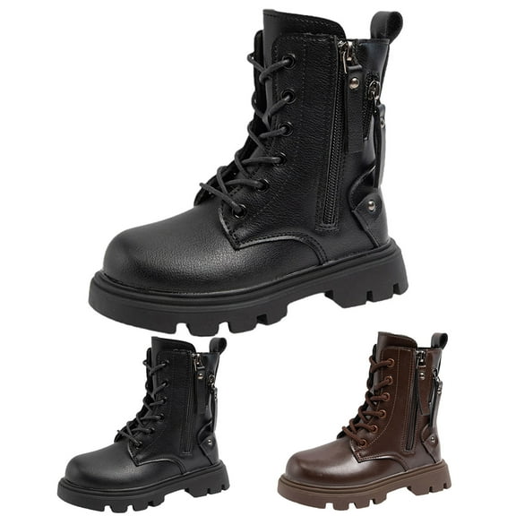 Dakaela Boys Girls Combat Boots Toddler Side Zipper Ankle Booties Little Kid Lace up Casual School Uniform Dress Shoes Black Size 10