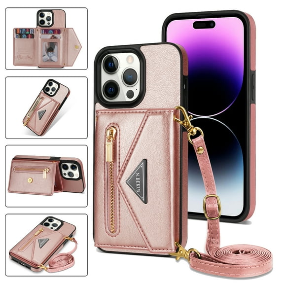 Crossbody Wallet Women Case for iPhone 14 Pro Max,Credit Card Pocket Zipper Pouch with Shoulder Strap, PU Leather Kickstand Back Flip Envelope Design For iPhone 14 Pro Max, Pink
