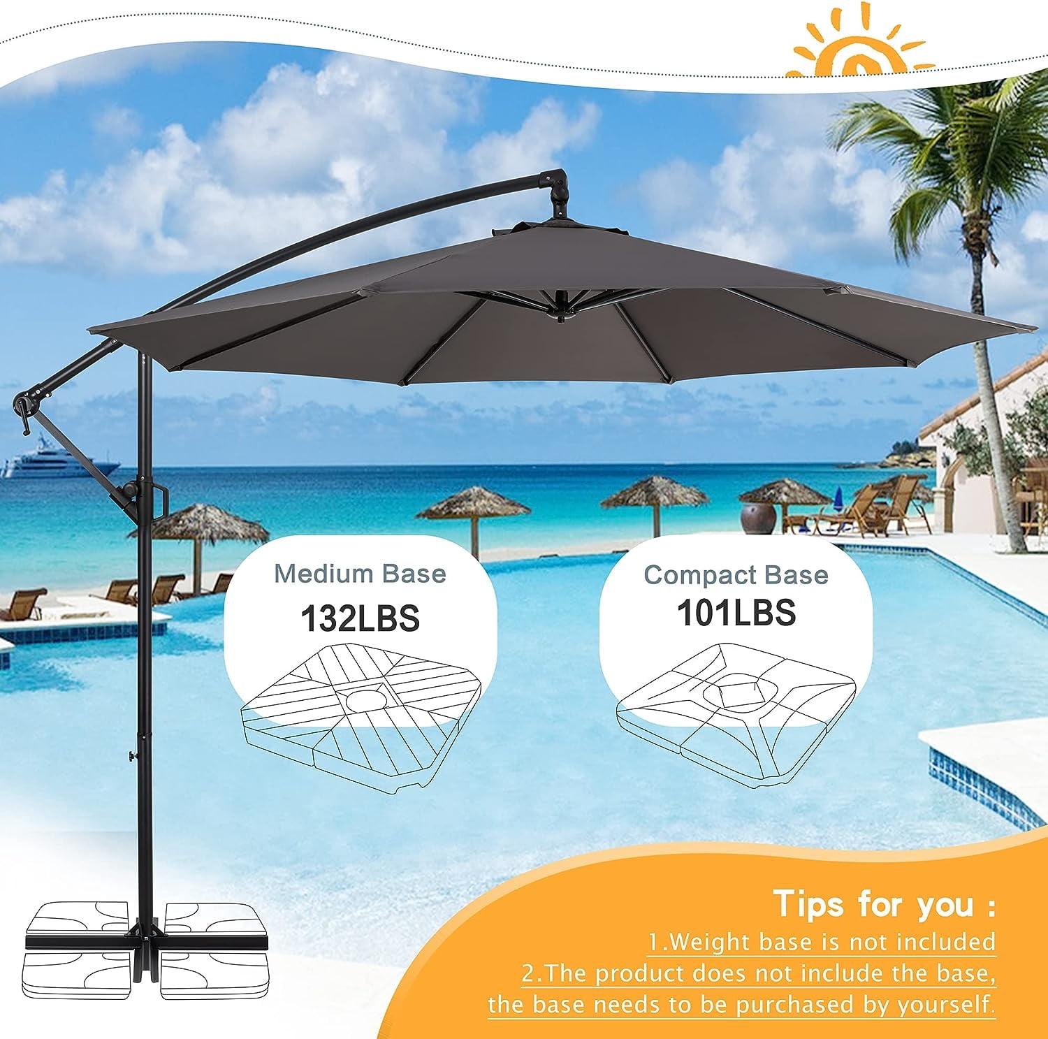 Sobaniilo Patio Offset Umbrella, Hanging Market Outdoor Umbrella, Patio Sun Shade with Easy Tilt Adjustment, Dark Grey