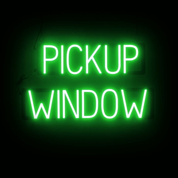 SpellBrite PICKUP WINDOW LED Sign for Business. 26.0" x 15" Green PICKUP WINDOW Sign Has Neon Sign Look With Energy Efficient LED Light Source. Visible from 500+ Feet, 8 Animation Settings.