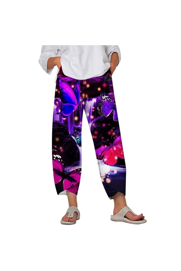 Oversize Trousers Butterfly Pattern Print Ankle Slit Pant Wide Plus Size Women Casual Pants