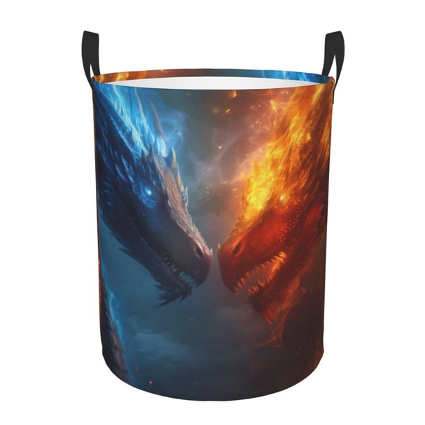 Fotbe Red And Blue Fire Dragon E Cesto de Ropa con Asas, Cesto Impermeable de Gran Capacidad, Bolsa de Lavado para Dormitorio, Cesto de Ropa con Ruedas y Asas-Small