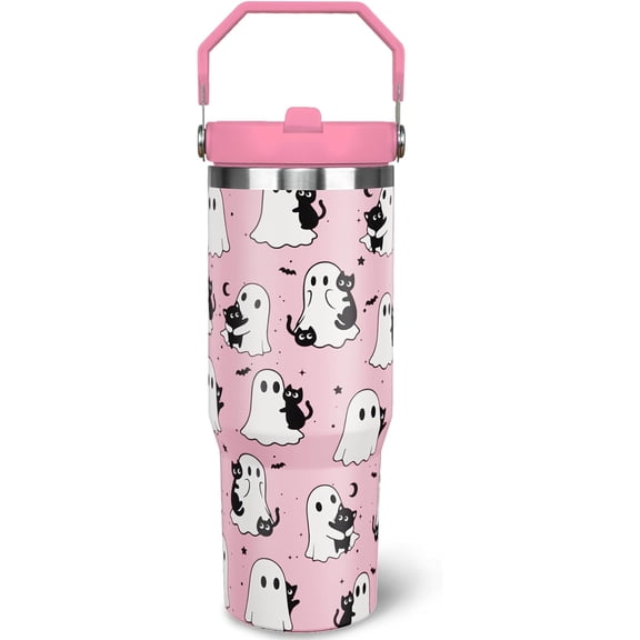 30 oz Halloween Tumbler with Lid and Straw, Pink Ghost Goth Tumbler Insulated Coffee Travel Mugs Cup Water Bottle Cute Halloween Gifts for Women Girls