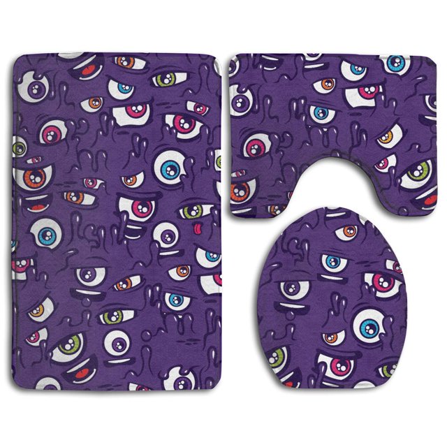 ABPHQTO Sonrisa Ojos Morados Juego de alfombras de baño de 3 piezas Alfombra de baño Alfombra de contorno y tapa de inodoro