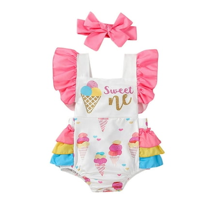 

Girls Sleeveless Cartoon Prints Backless Romper Bodysuits Headbands Set