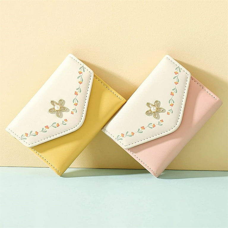  Cute Wallet for Girls Women Mini Small Flowers Tri-folded Wallet  PU Leather Cash Pocket Card Holder Coin Purse with ID Window (Yellow, Flower)  : Clothing, Shoes & Jewelry