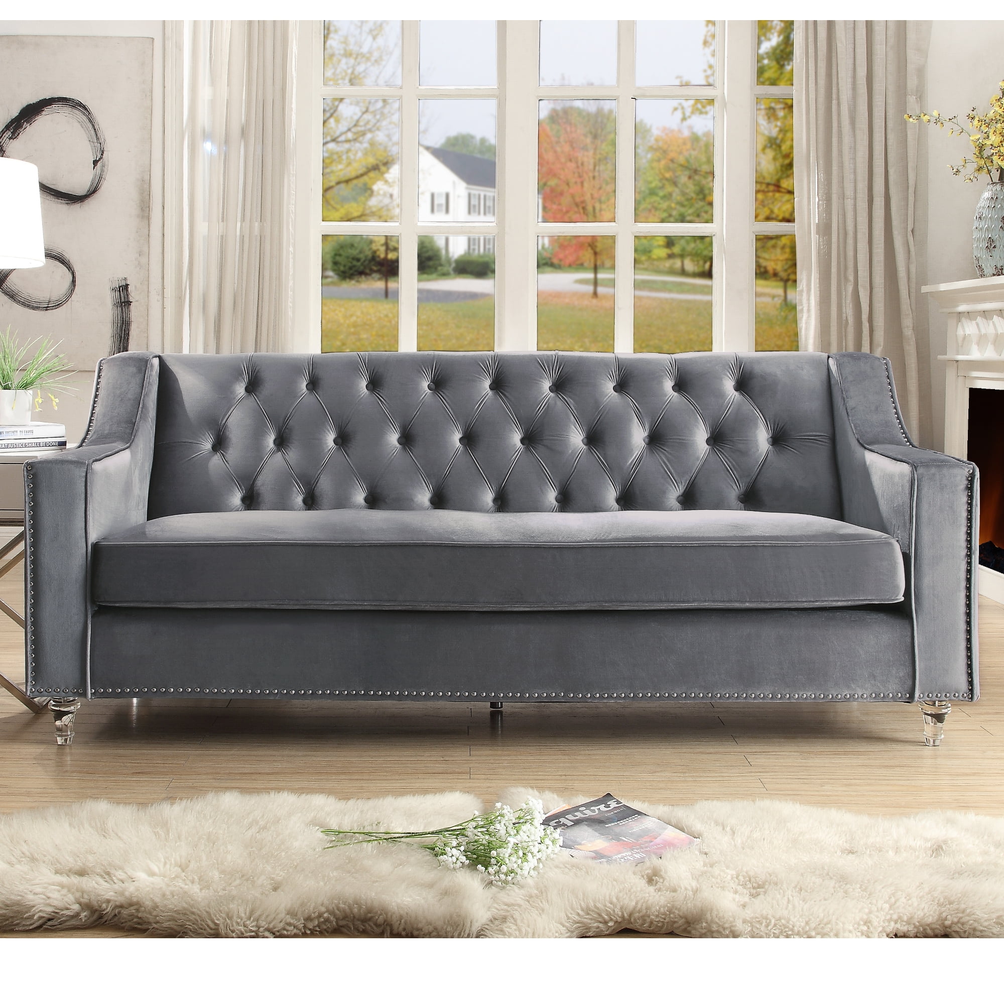 Flannigan Grey Velvet Sofa - Button Tufted | Lucite Acrylic Legs