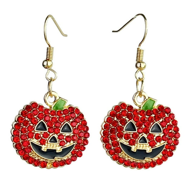 Pendientes exquisitos de calabaza de Halloween con diamantes de colores y metal brillante