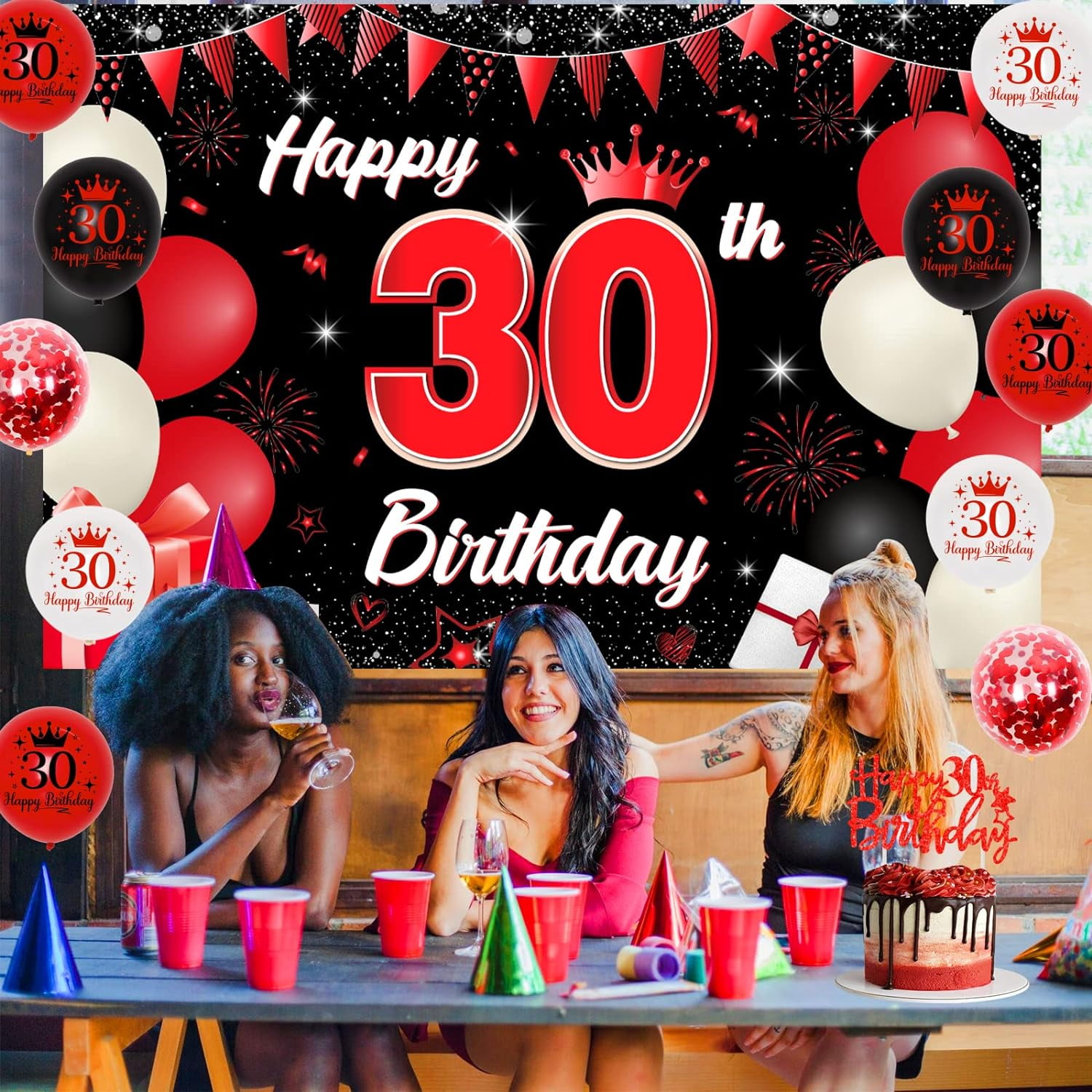 Black and red decorations for male and female 30th birthdays, background of 30th birthday cake and 30th balloon
