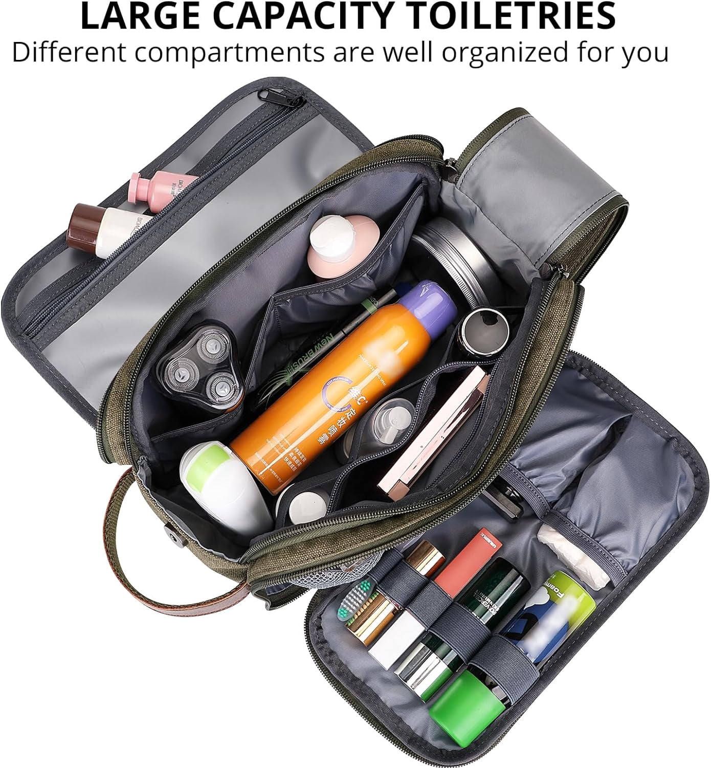 WITZMAN Canvas Toiletry Bag for Men Large Capacity Hanging Dopp Kit for Men Leather Toiletries Water-Resistant Bathroom Bag(A8002 Army Green)