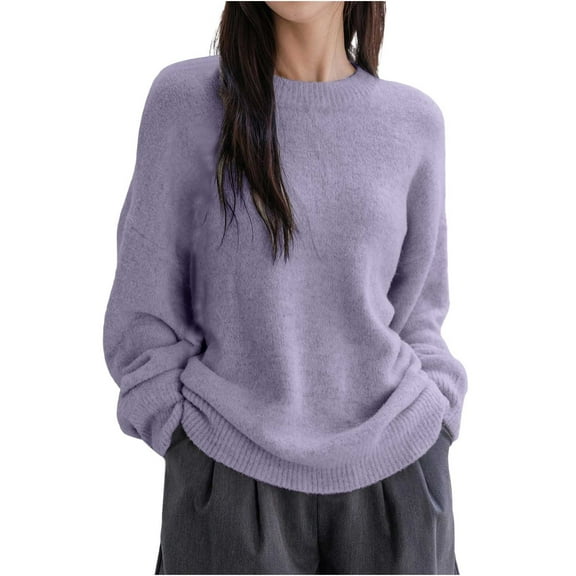 qucoqpe Women's Casual Solid Color Round Neck Long Sleeve Knit Sweater Top