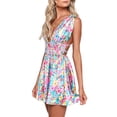 thumbnail image 4 of Blotona Women Summer Backless Floral Print Sleeveless Halter Neck Mini Dress Deep V Neck Backless V-Neck A Line Sundress Short Dresses, 4 of 9