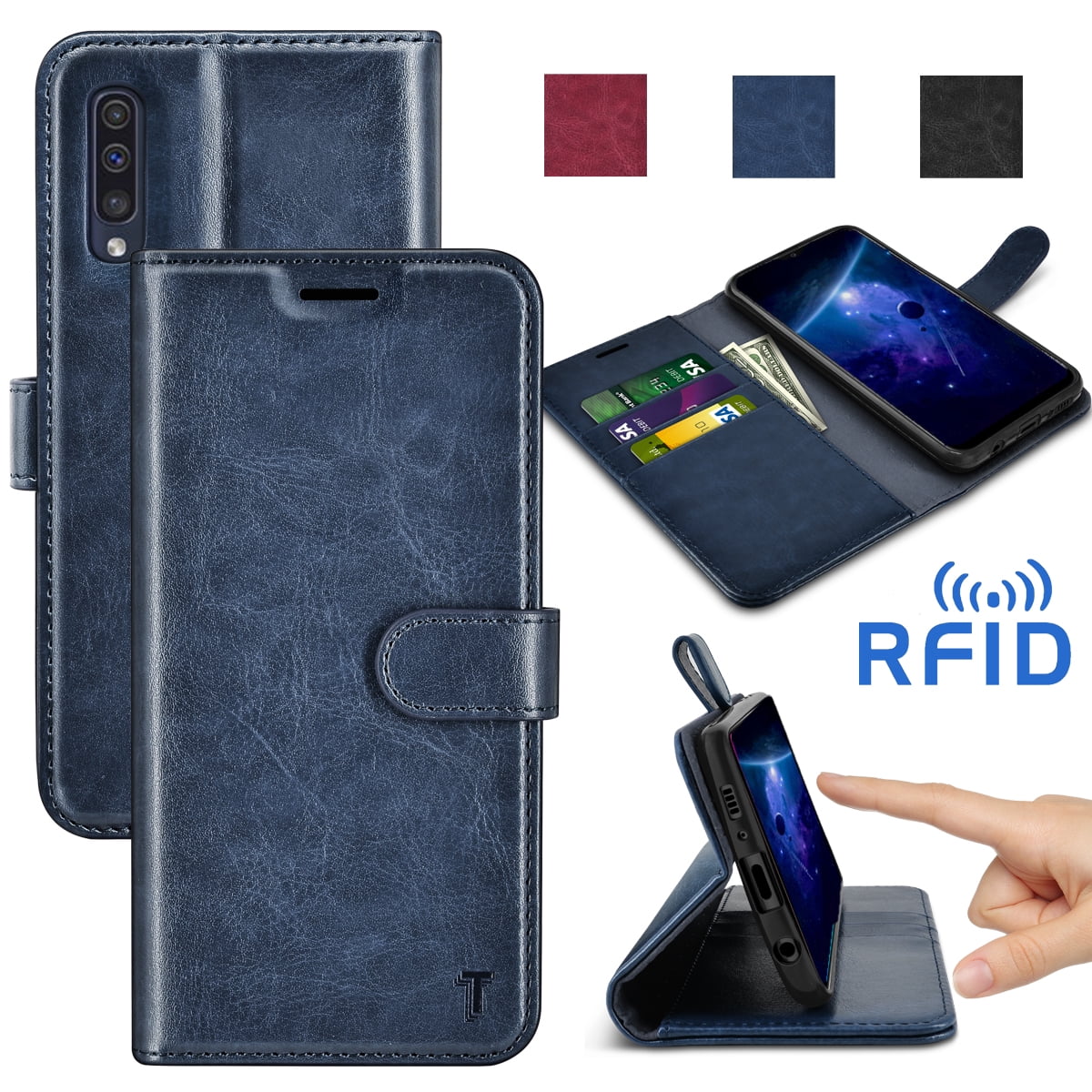 Samsung Galaxy A50 Wallet Case,Folio Flip Covers Kickstand Feature Leather Wallet Cases Magnetic Cover Card Slots Holder Slim TPU Shockproof Protective Shell,Blue 