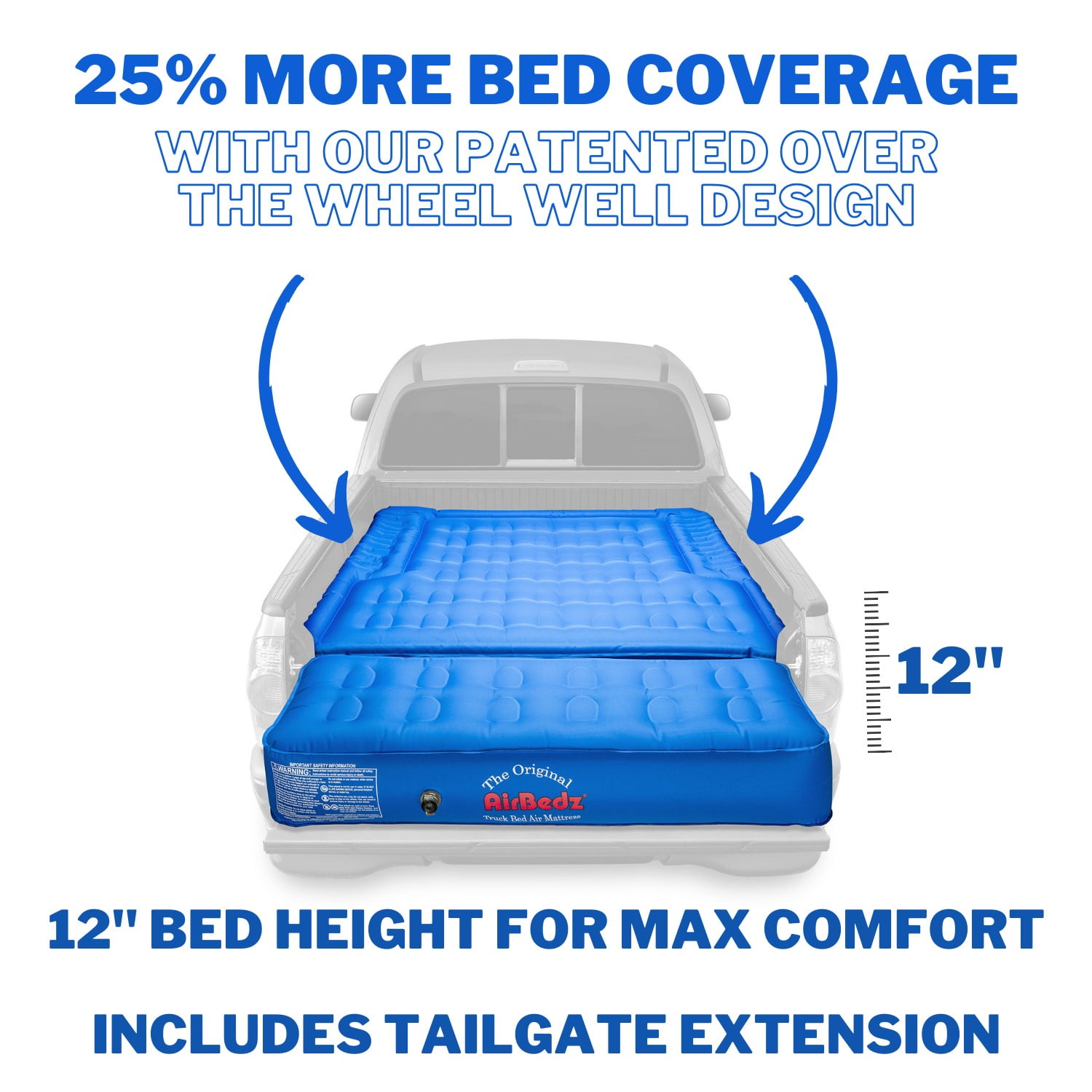 Airbedz by Pittman Outdoors - Truck Bed Air Mattress Mid Size 5.0'-5.5' Ft Bed With Built-In Rechargeable Battery Air Pump & Includes Tailgate Extension Blue