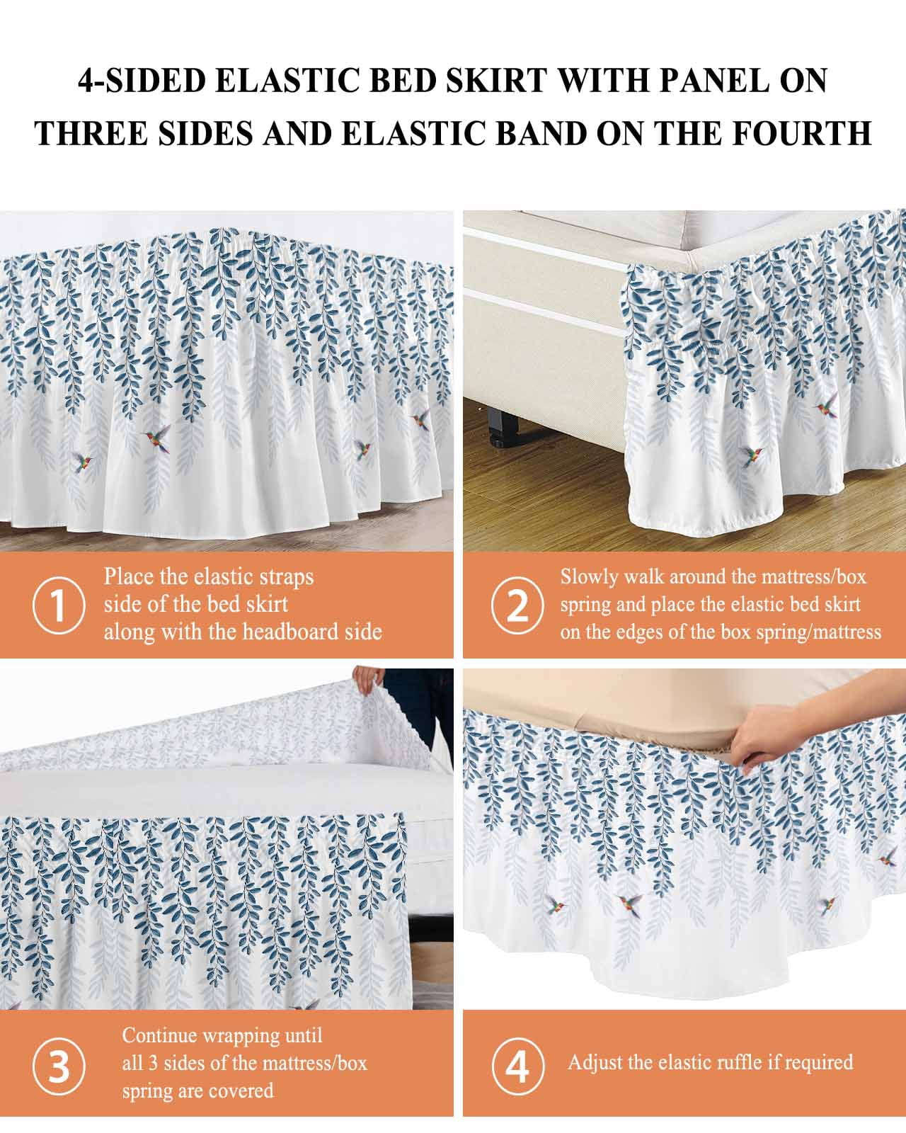 Blue Botanical Bed Skirt King Size, Pastoral Spring Floral Summer Birds Wrap Around Bed Skirting with Adjustable Elastic Strap, Dust Ruffled Pleated Bedskirts 18 Inch Drop for Bedroom King Beds