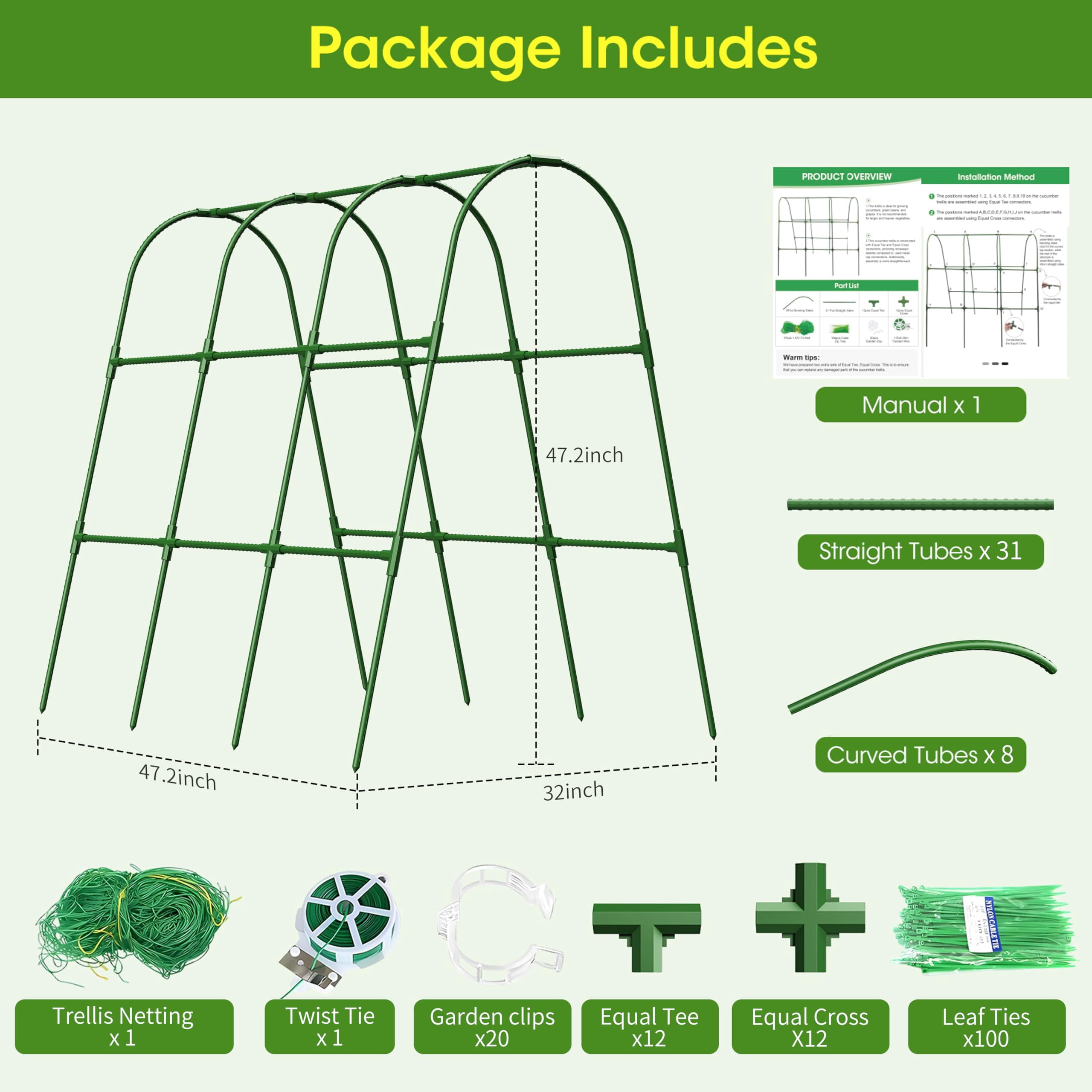 Cucumber Trellis  for Garden, U Frame Garden Trellis for Climbing Plants, Metal Plant Trellis with Garden Netting for Vegetables Flowers Fruits(4 Arches)