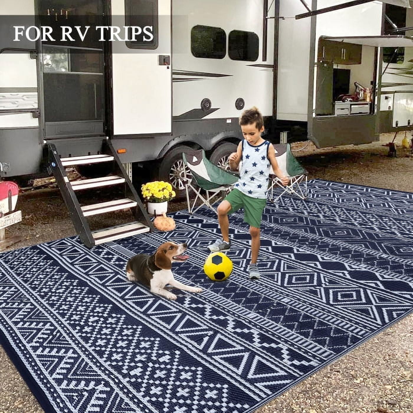 GlowSol 9' x 12' Outdoor Rug Plastic Patio Rug Woven Plastic Straw Waterproof Rug Boho Reversible Camper Rug for RV Backyard Deck Picnic Beach, Black Blue