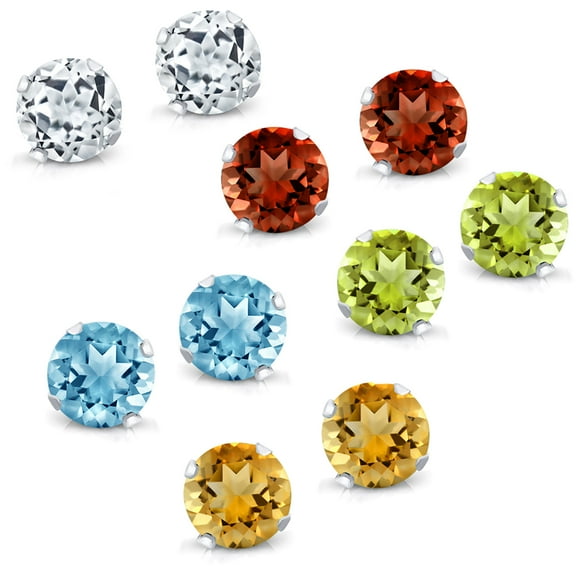 Gem Stone King 925 Sterling Silver Blue Topaz White Topaz Red Garnet Citrine and Green Peridot Stud Earrings Set for Women Men of 5