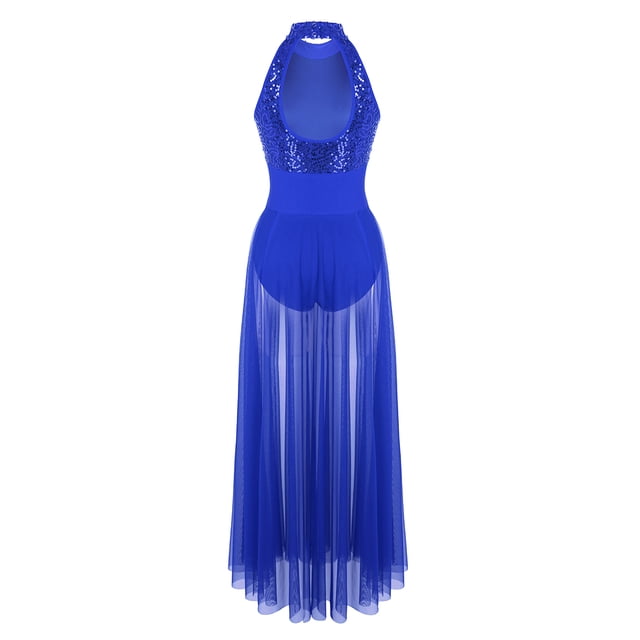 Sxiwei Costume de Danse Lyrique pour Femmes Justaucorps à Paillettes Robe Maxi en Tulle Bleu L
