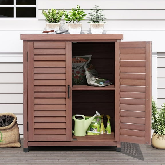 Easy4Home Wooden Louvered Outdoor Storage Cabinet with Metal Top Potting Bench Table Garden Workstation, Dark Brown