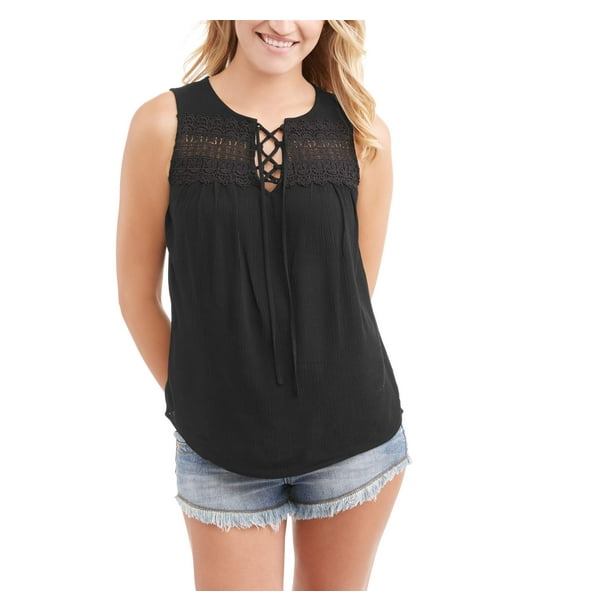 No Boundaries Juniors' laceup peasant tank with crochet trim