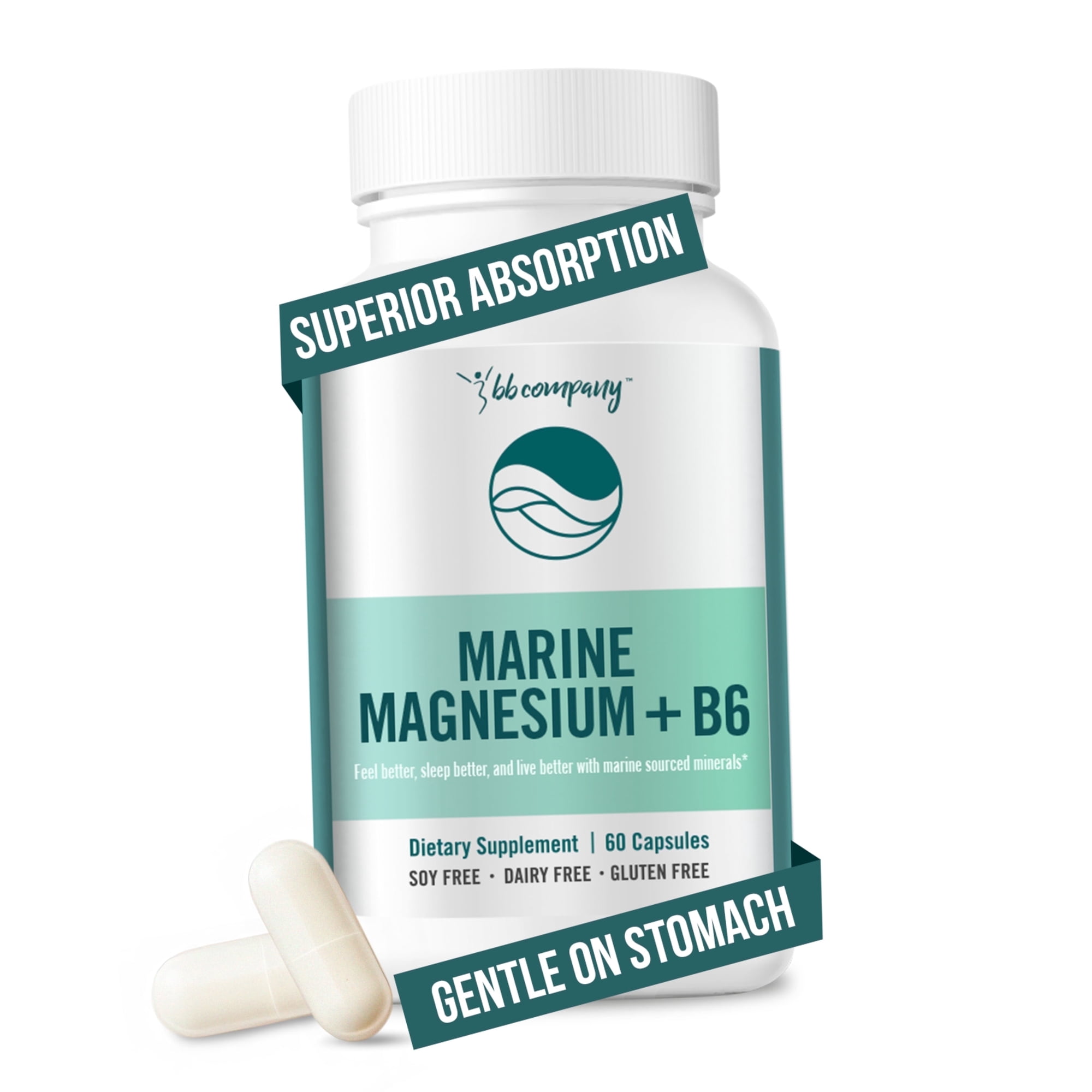 BB Company Marine Magnesium Supplement with Vitamin B6 - Supports Daily Sleep, Relaxes Muscles & Nerves, Women's Health, 60 Capsules