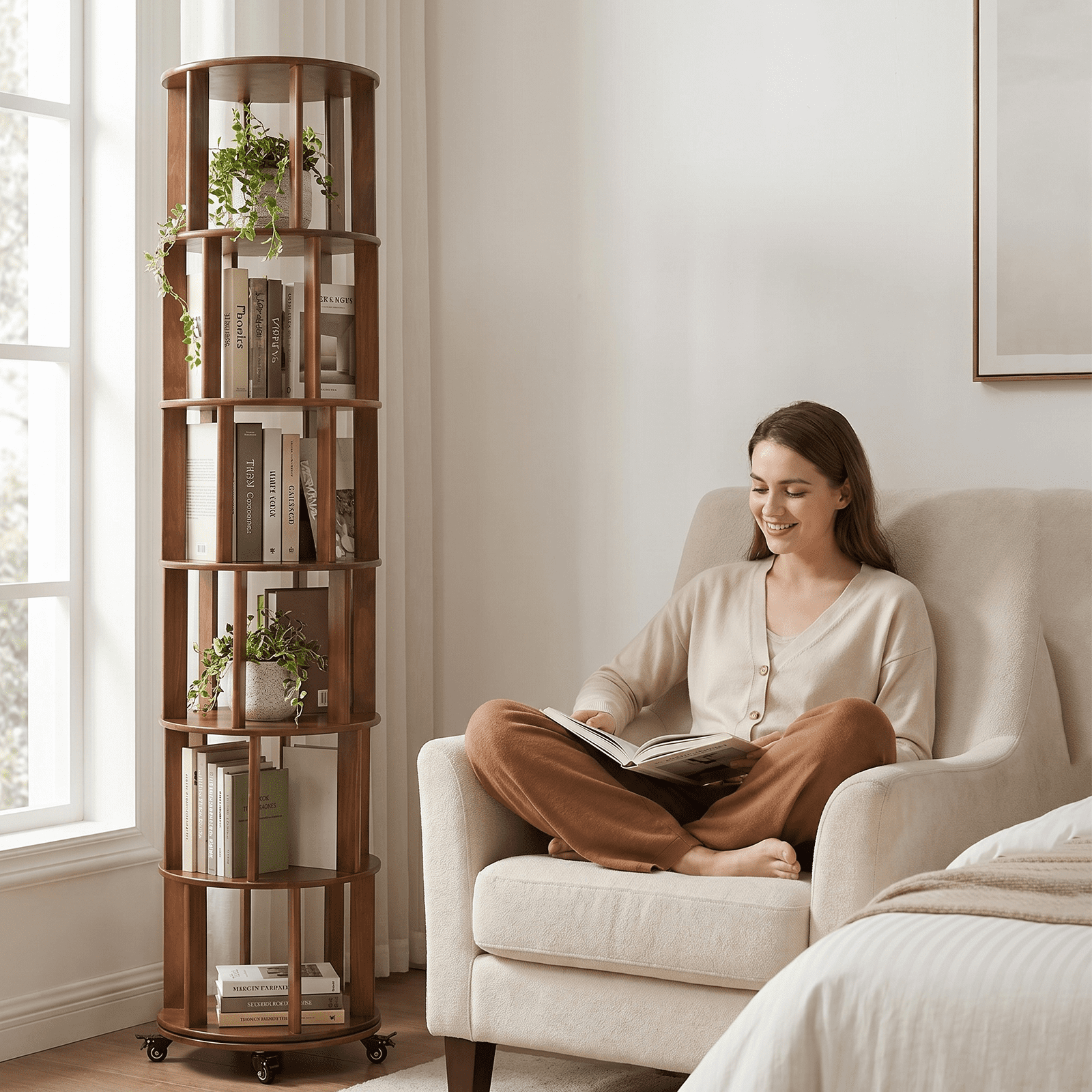 6 Tier Rotating Bookshelf, Solid Wood Rotating Bookshelf Tower with Wheels, 360° Display Round Spinning Bookshelf for Small Spaces, Corner, Bedroom, Living Room, Home, Office, Walnut