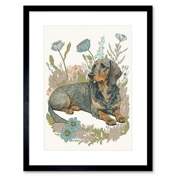 Dachshund Dog Lying in Flower Field Pastel Watercolour Illustration Artwork Framed Wall Art Print 9X7 Inch