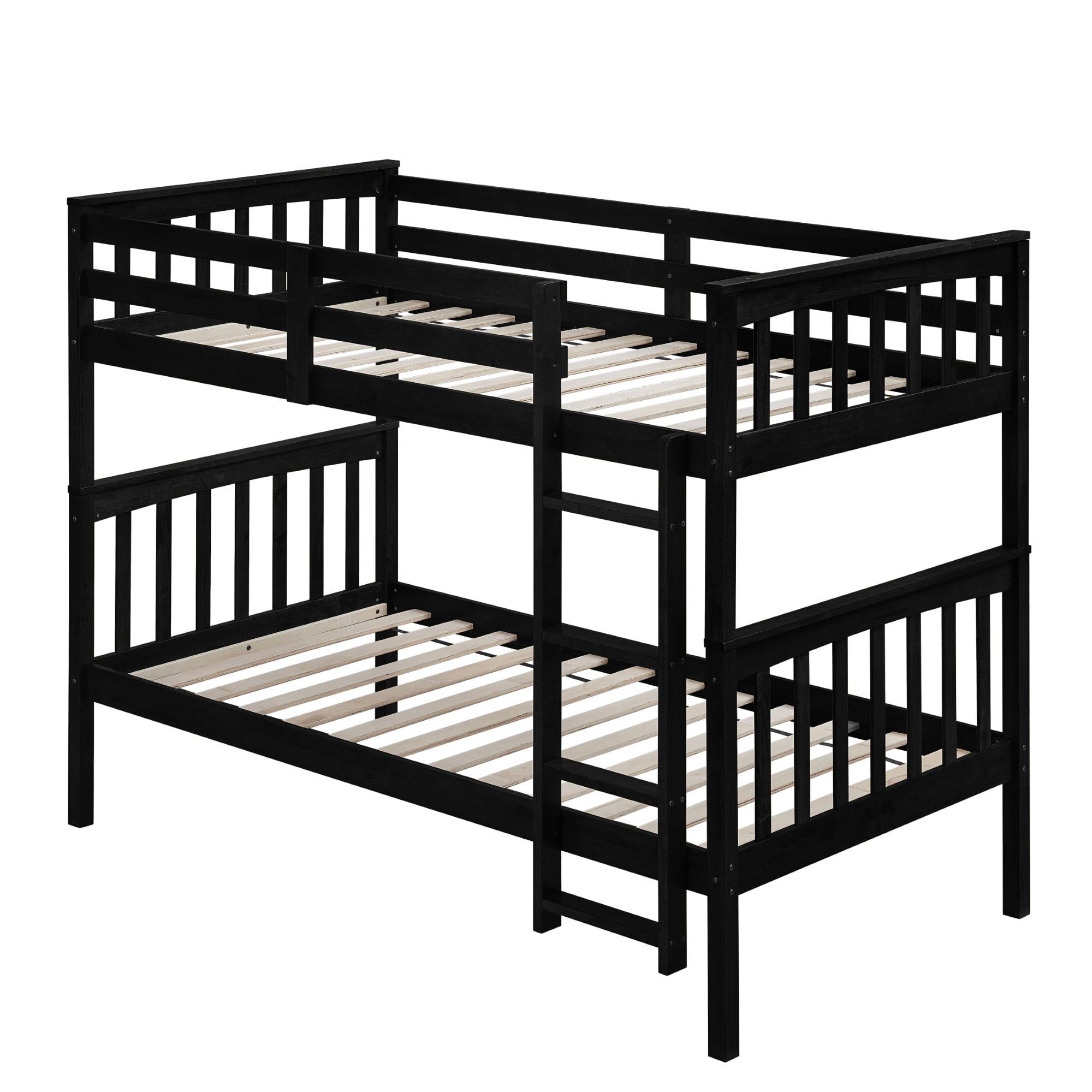 Home Design Ames Twin Over Twin Solid Wood Bunk Bed Frame, Convertible, Sturdy Guardrails, Black, Easy Assembly