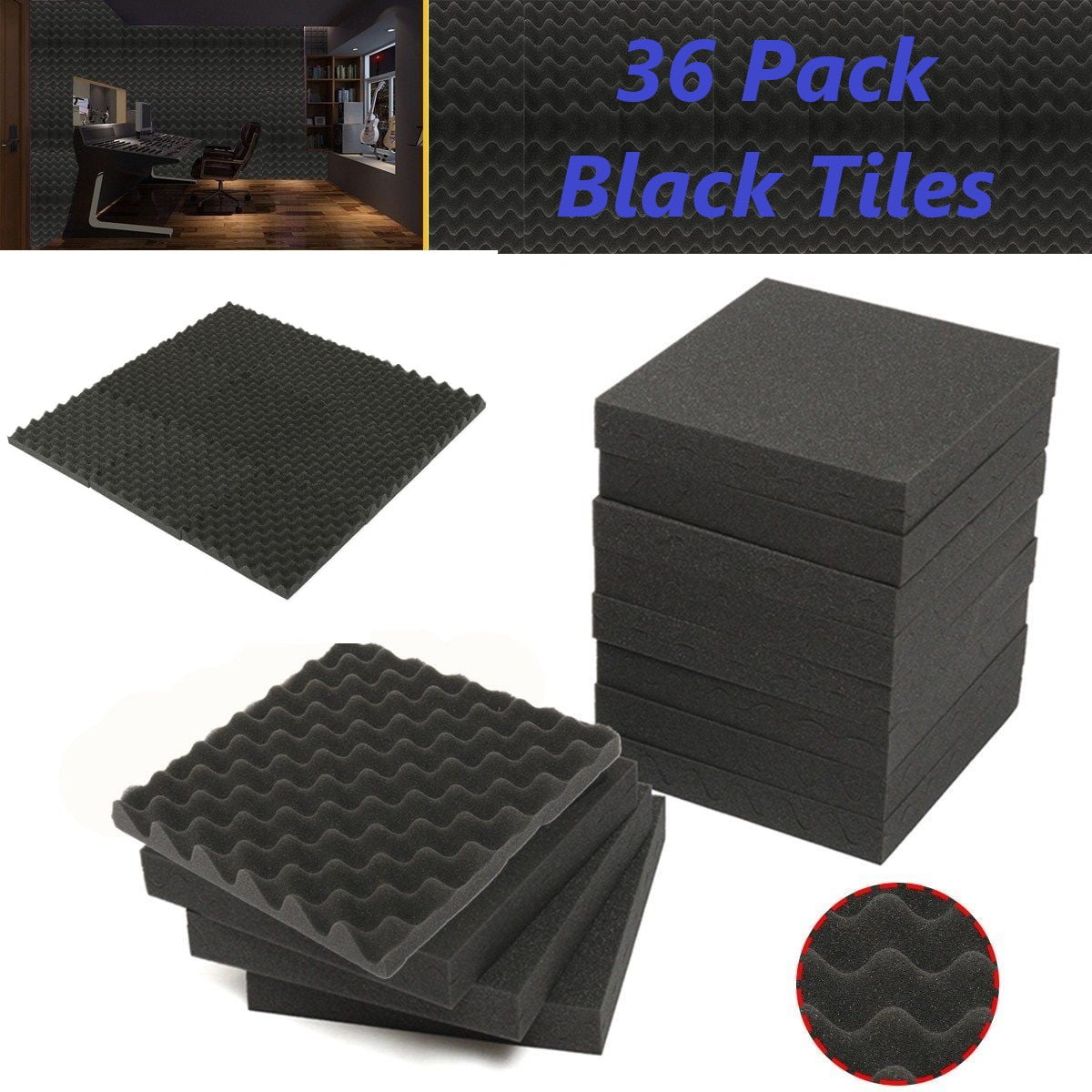 Bookish 36 PK Black Acoustic Foam Egg Crate Panel Wall Black Tile ...